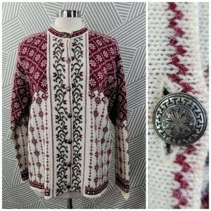 Cherry Lewis Womens Wool Cardigan Sweater Nordic Fair Isle Vintage England Large